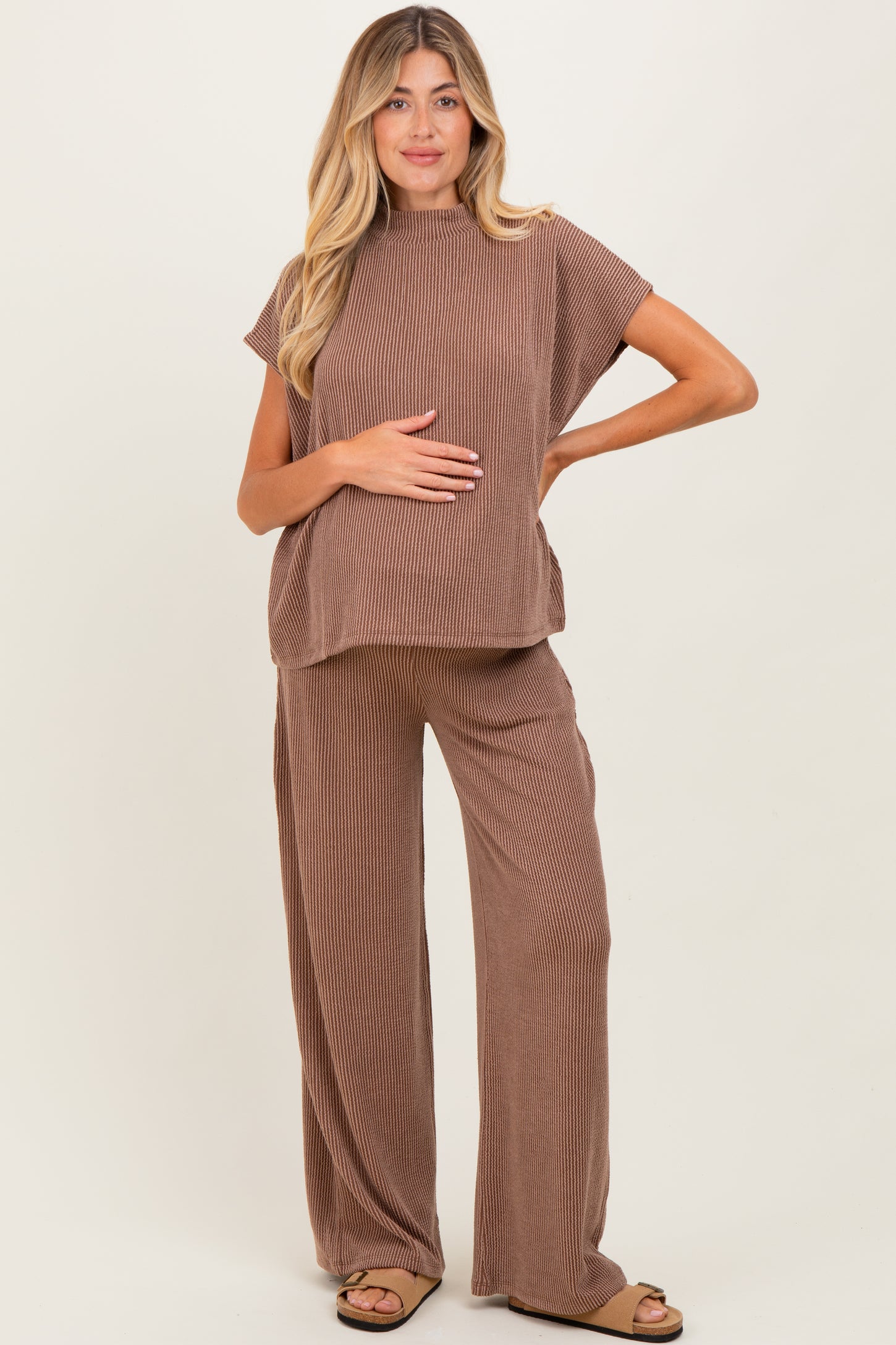Mocha Textured Rib Mock Neck Short Sleeve Pant Maternity Set
