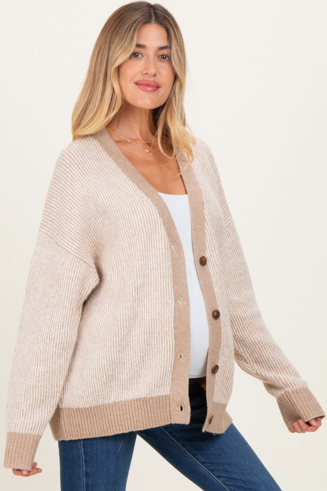 Taupe Two-Tone Button-Down Maternity Cardigan