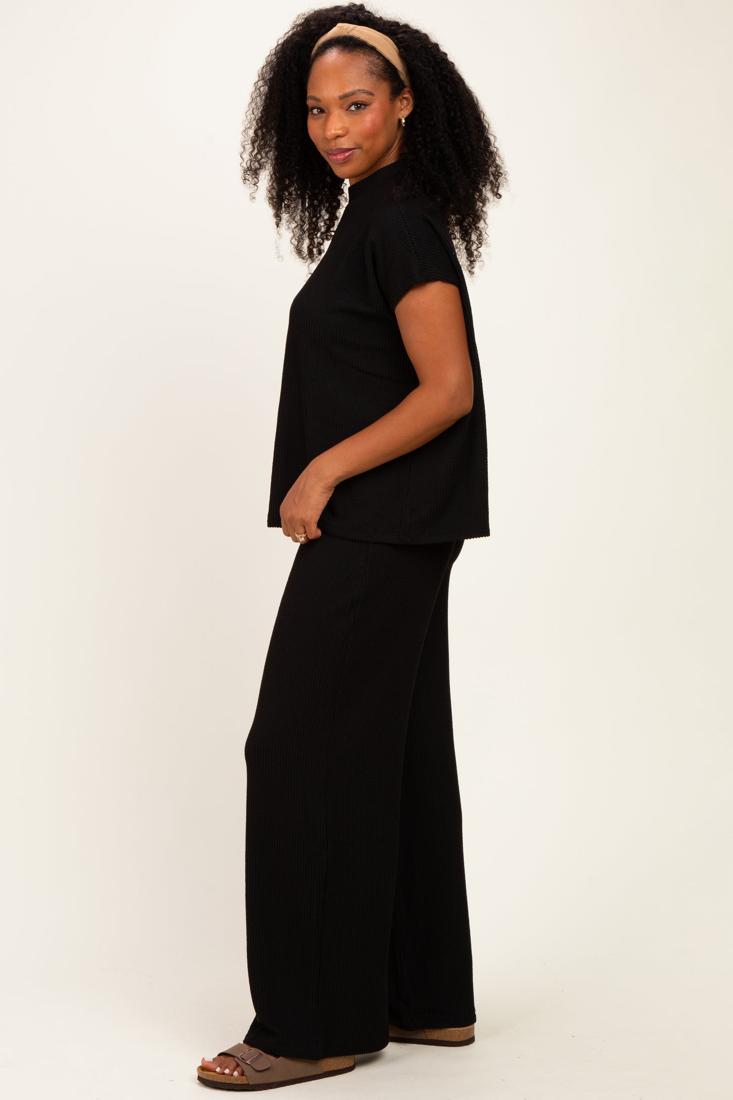 Black Textured Rib Mock Neck Short Sleeve Pant Set