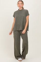 Olive Textured Rib Mock Neck Short Sleeve Pant Set