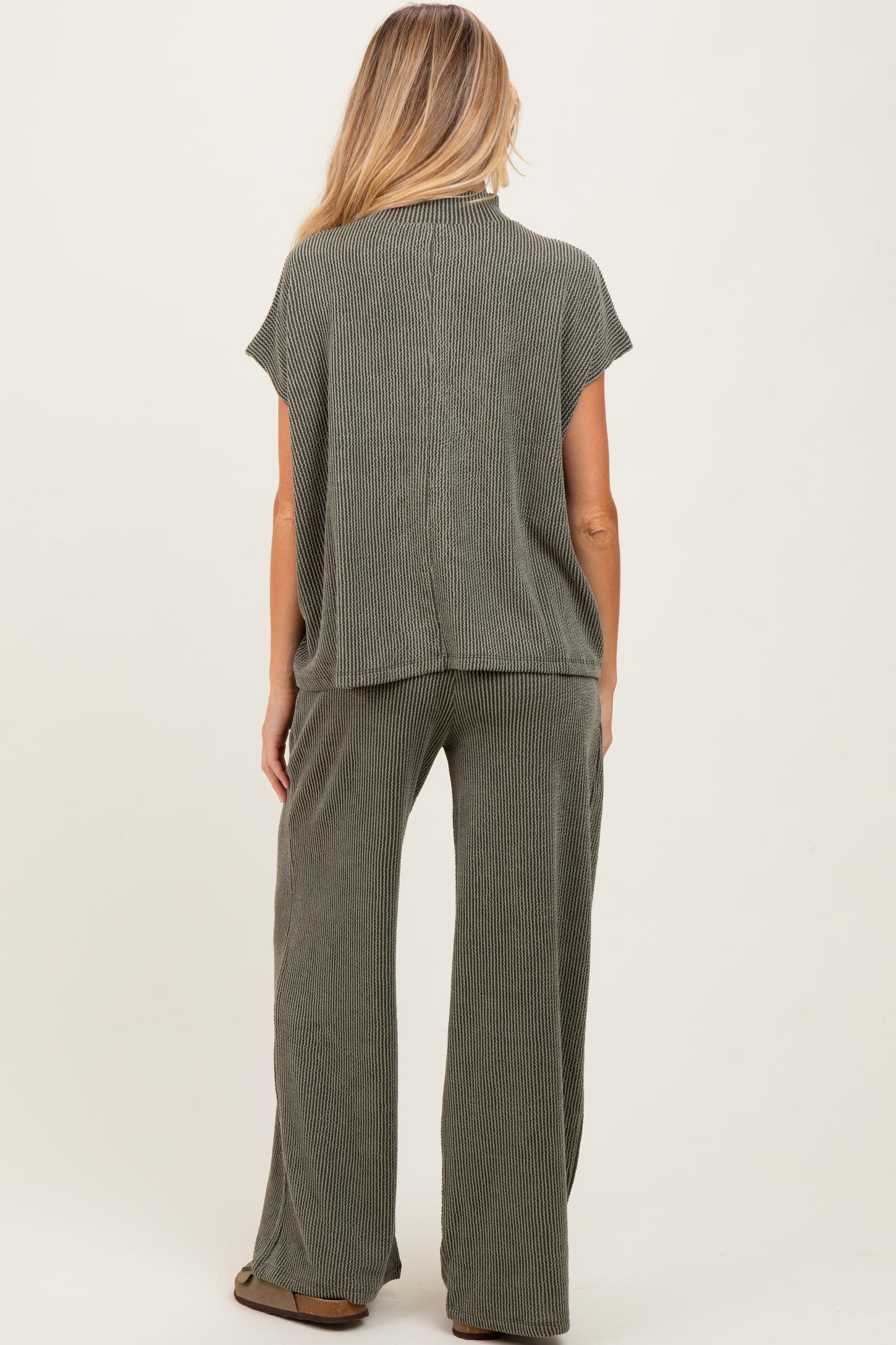 Olive Textured Rib Mock Neck Short Sleeve Pant Maternity Set