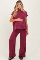 Burgundy Textured Rib Mock Neck Short Sleeve Pant Maternity Set