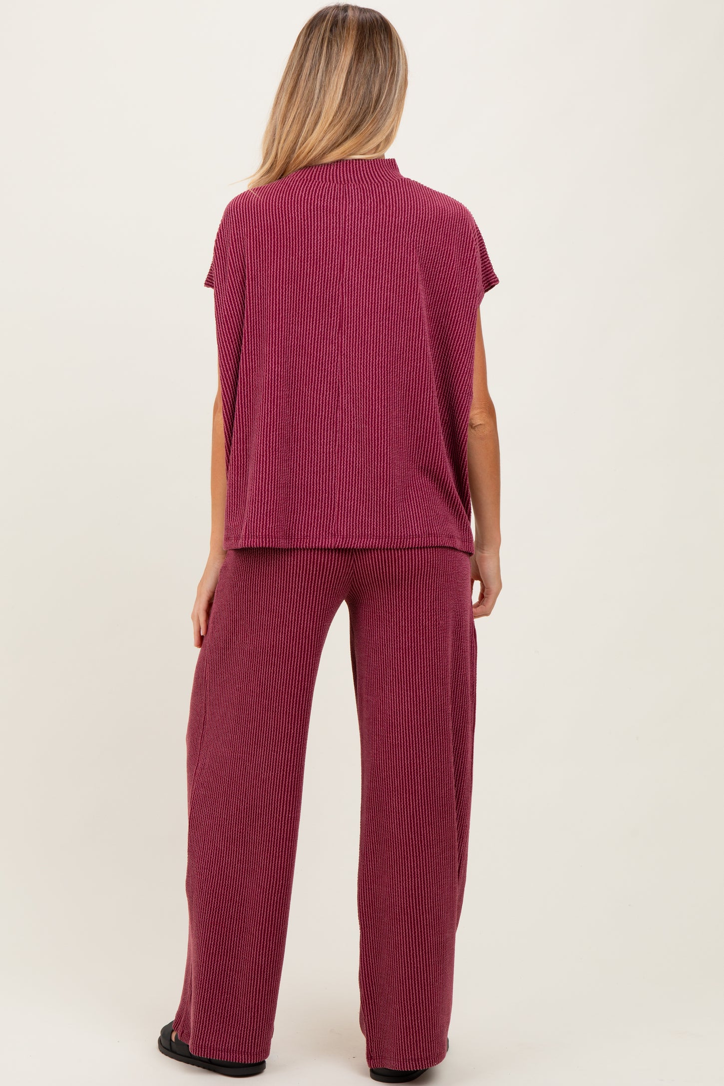 Burgundy Textured Rib Mock Neck Short Sleeve Pant Maternity Set