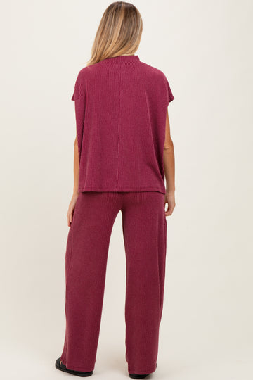 Burgundy Textured Rib Mock Neck Short Sleeve Pant Maternity Set