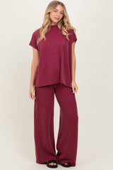 Burgundy Textured Rib Mock Neck Short Sleeve Pant Set