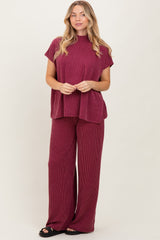 Burgundy Textured Rib Mock Neck Short Sleeve Pant Set