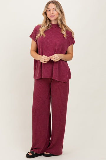 Burgundy Textured Rib Mock Neck Short Sleeve Pant Set