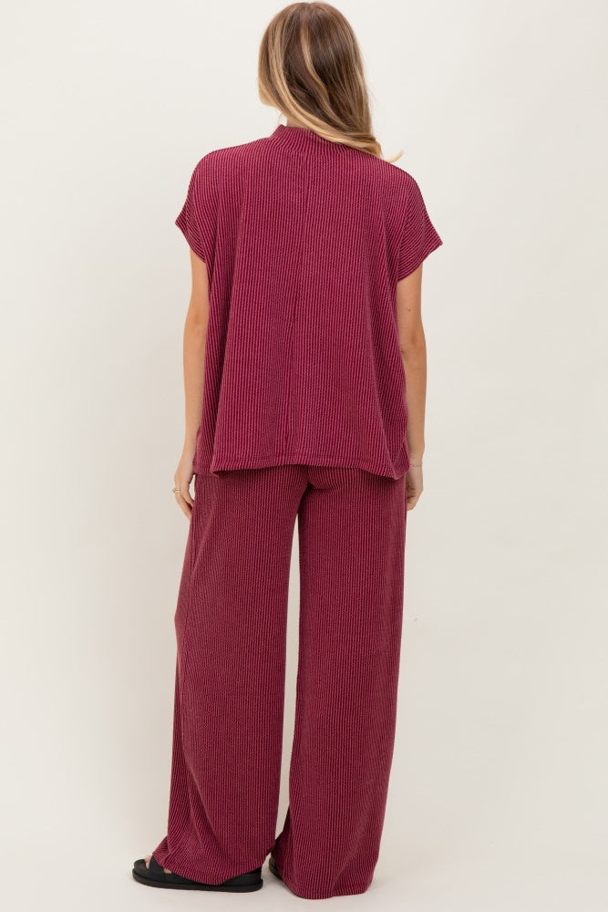 Burgundy Textured Rib Mock Neck Short Sleeve Pant Set