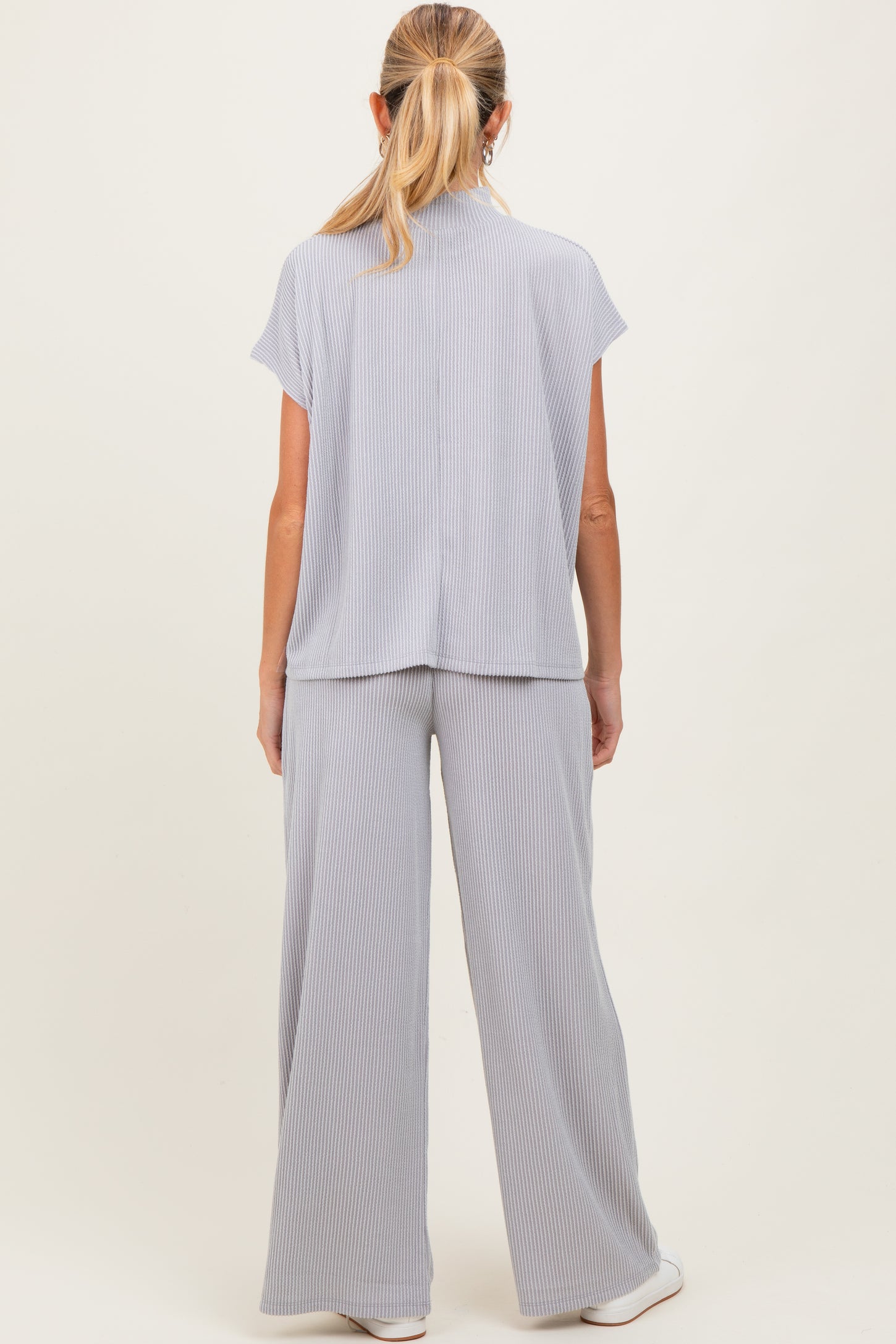 Light Grey Textured Rib Mock Neck Short Sleeve Pant Maternity Set