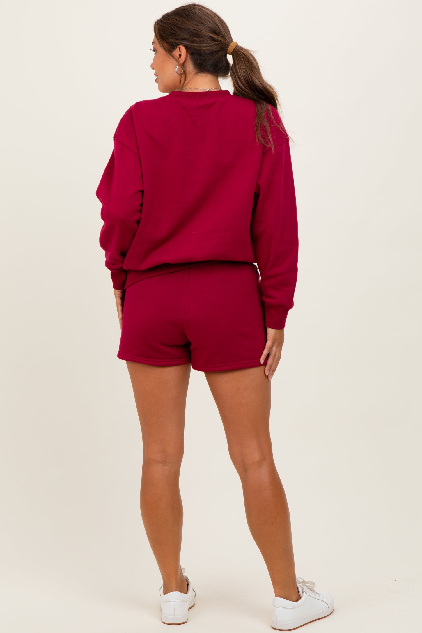 Burgundy Fleece Sweatshirt Shorts Maternity Set