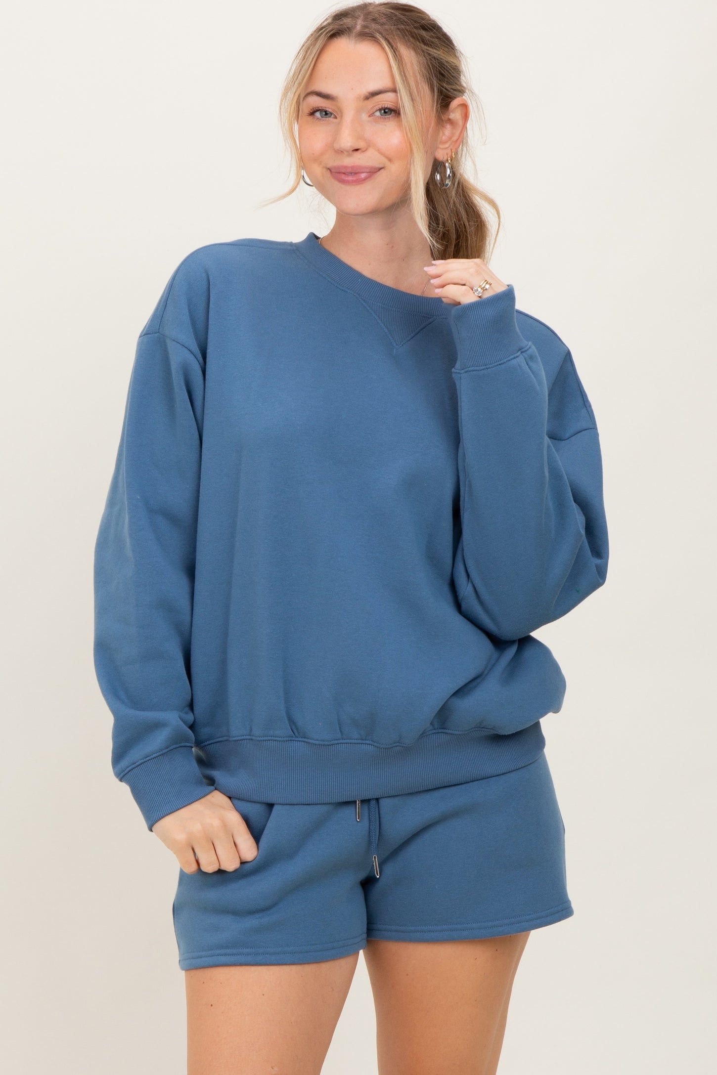 Blue Fleece Sweatshirt Shorts Set