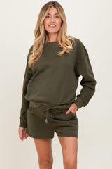 Olive Fleece Sweatshirt Shorts Maternity Set