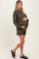Olive Fleece Sweatshirt Shorts Maternity Set