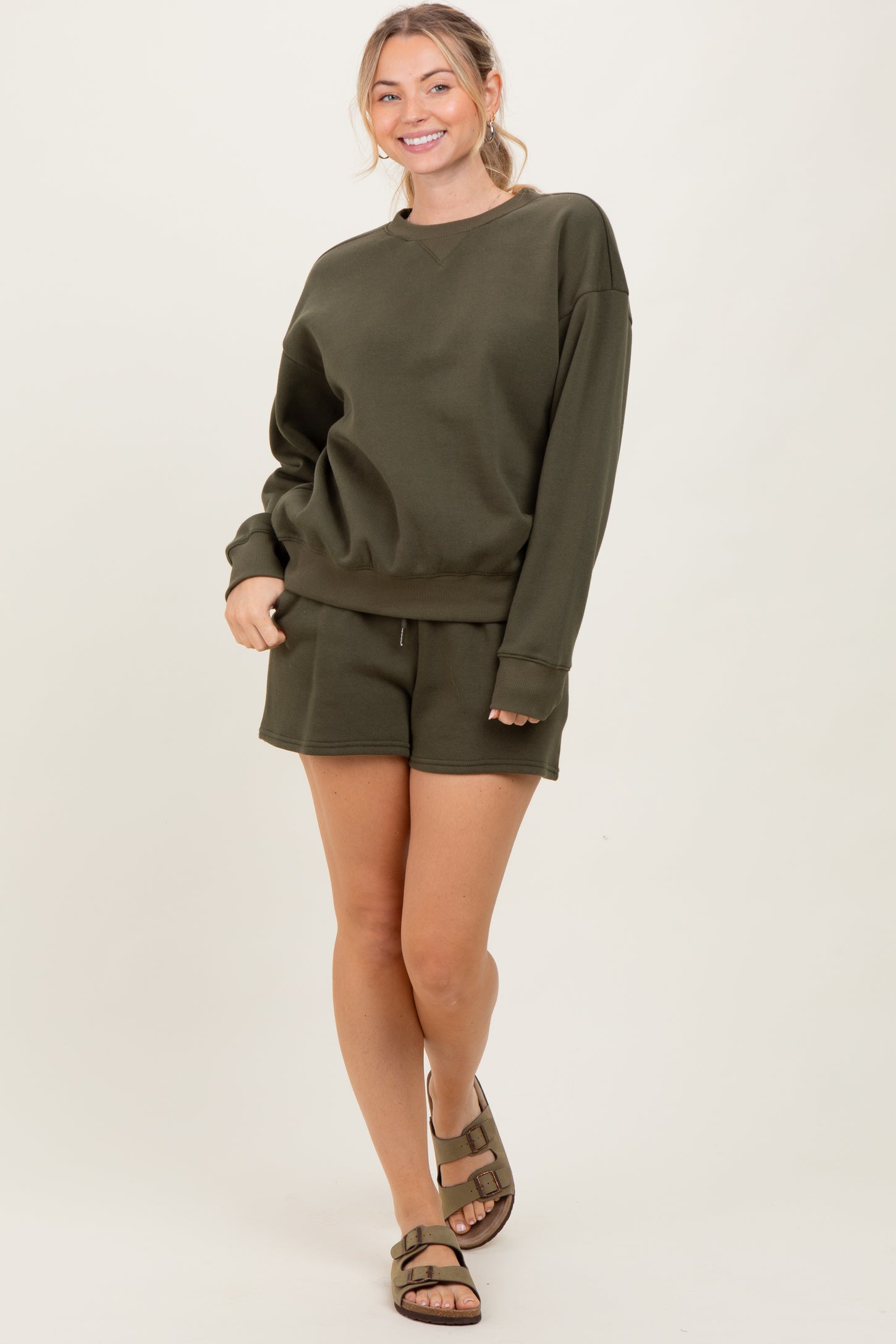 Olive Fleece Sweatshirt Shorts Set