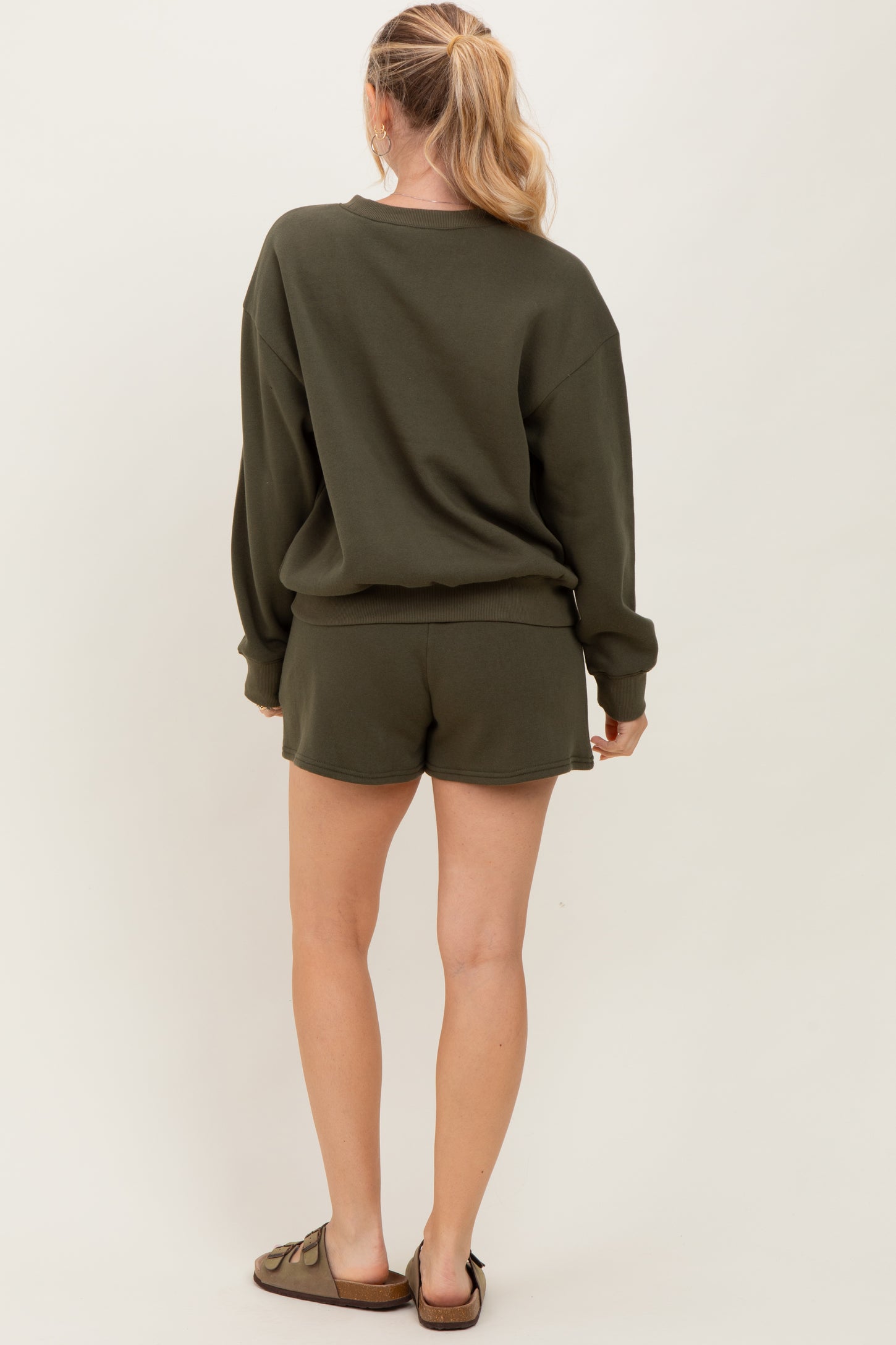 Olive Fleece Sweatshirt Shorts Set