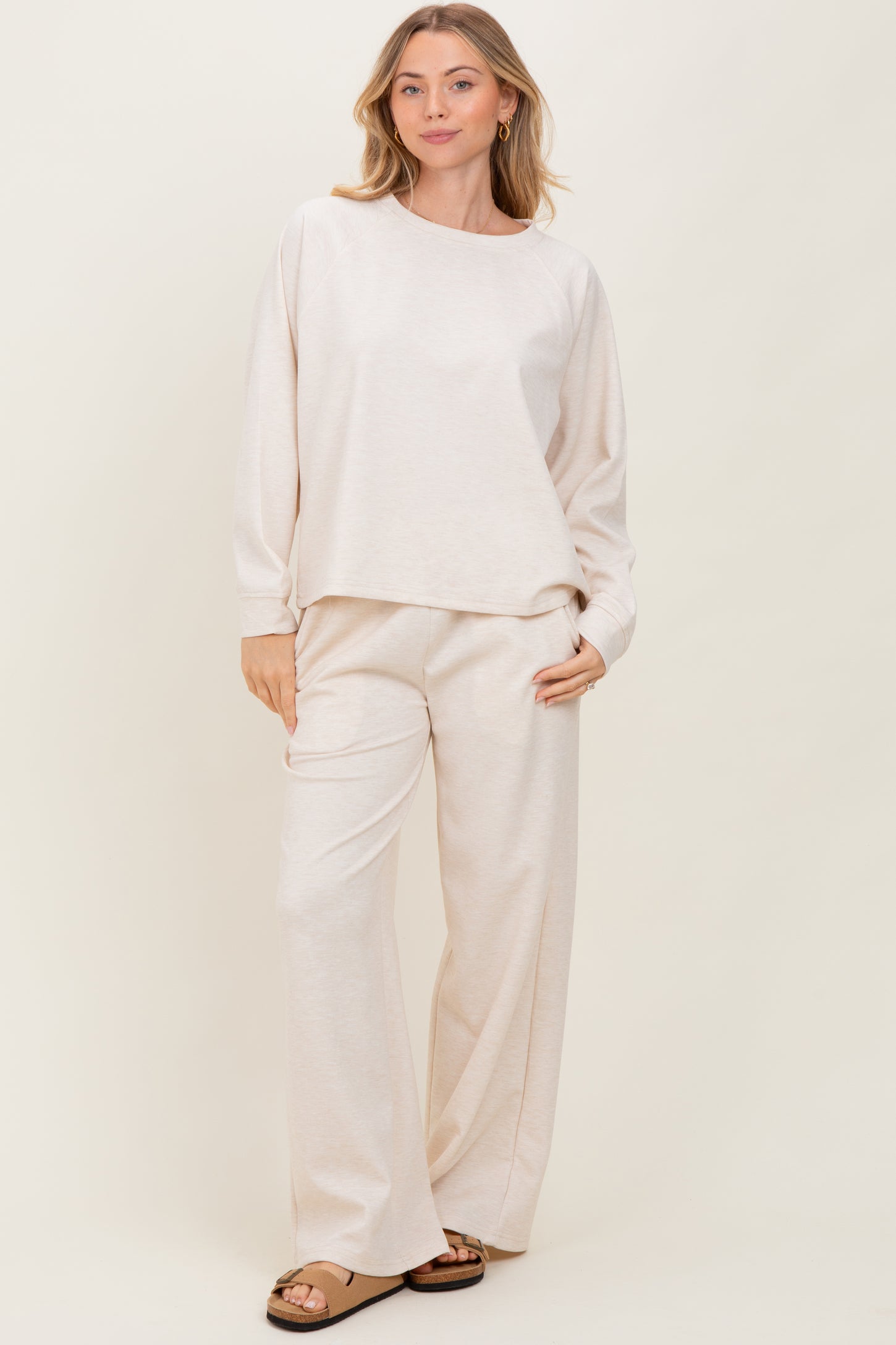 Cream Crewneck Pullover Pant Maternity Set