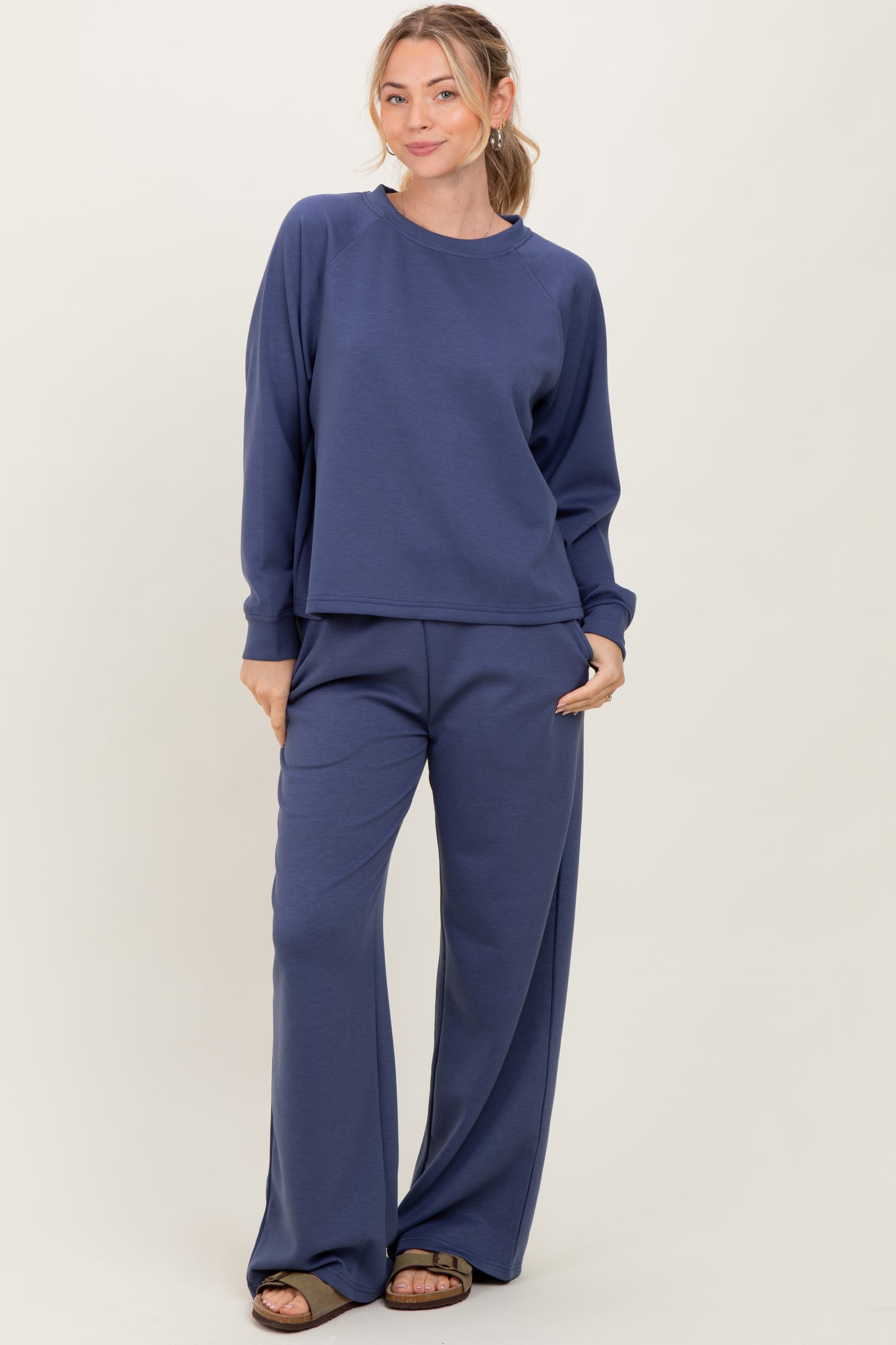 Blue Crewneck Pullover Pant Maternity Set