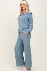 Light Blue RIbbed Half Zip Pullover Wide Leg Pant Set