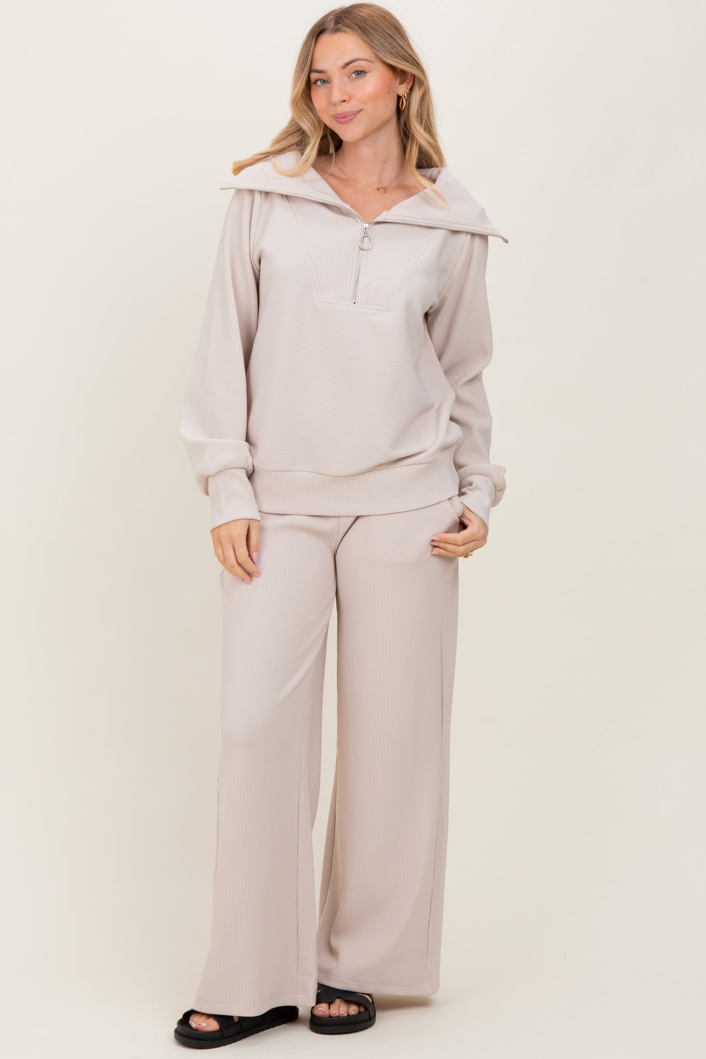 Cream RIbbed Half Zip Pullover Wide Leg Pant Maternity Set
