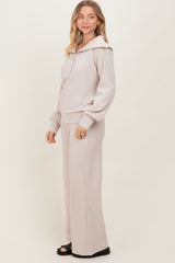 Cream RIbbed Half Zip Pullover Wide Leg Pant Set