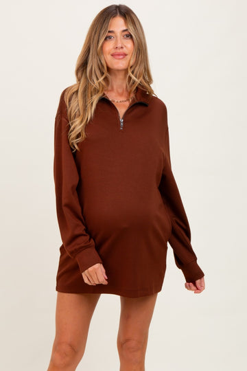 Brown Half Zip Long Sleeve Maternity Mini Dress