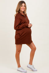 Brown Half Zip Long Sleeve Maternity Mini Dress
