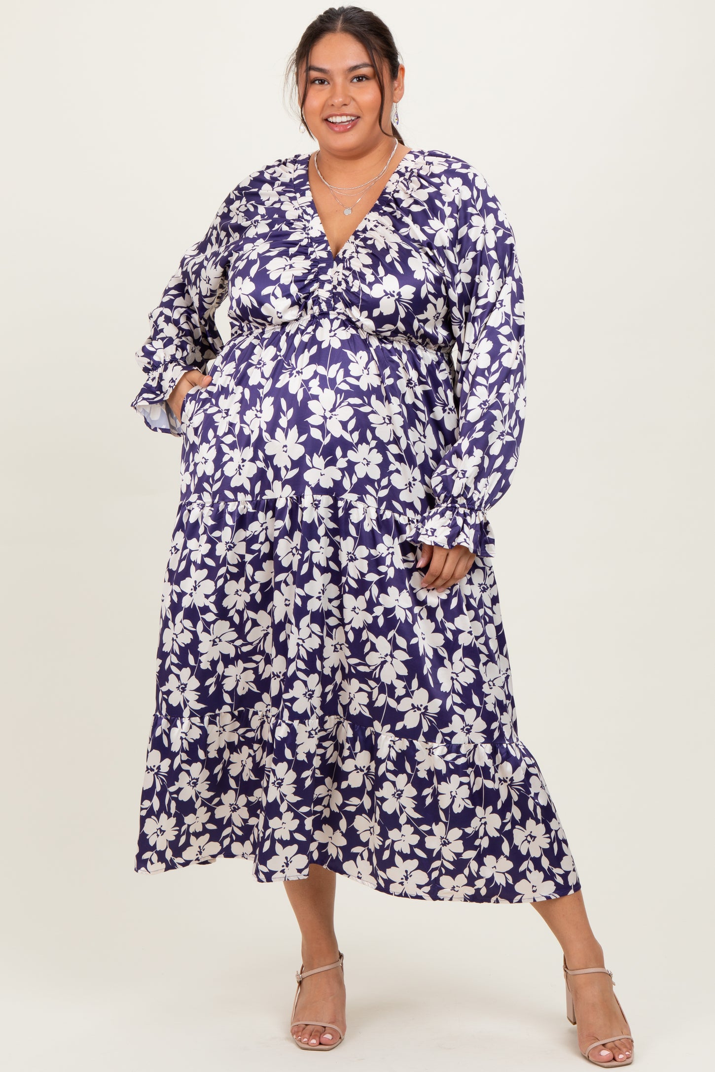 Navy Floral Tiered Ruched V-Neck Satin Plus Maxi Dress