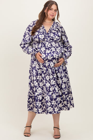 Navy Floral Tiered Ruched V-Neck Satin Plus Maternity Maxi Dress