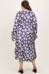 Navy Floral Tiered Ruched V-Neck Satin Plus Maternity Maxi Dress