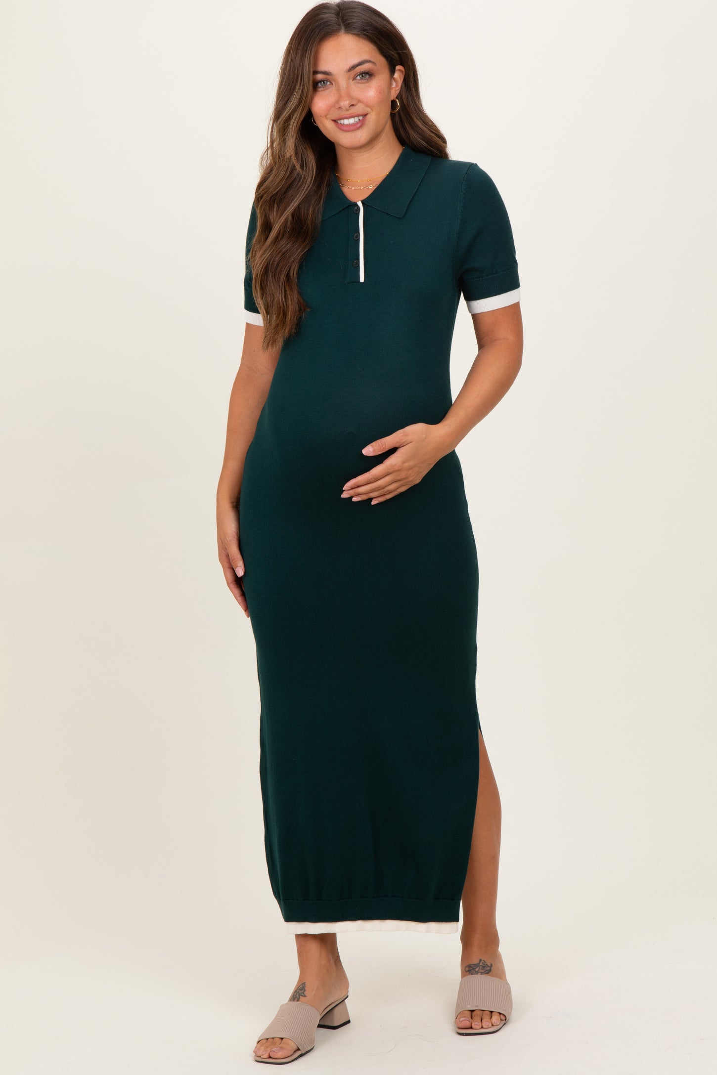 Dark Green Sweater Side Slit Maternity Midi Dress