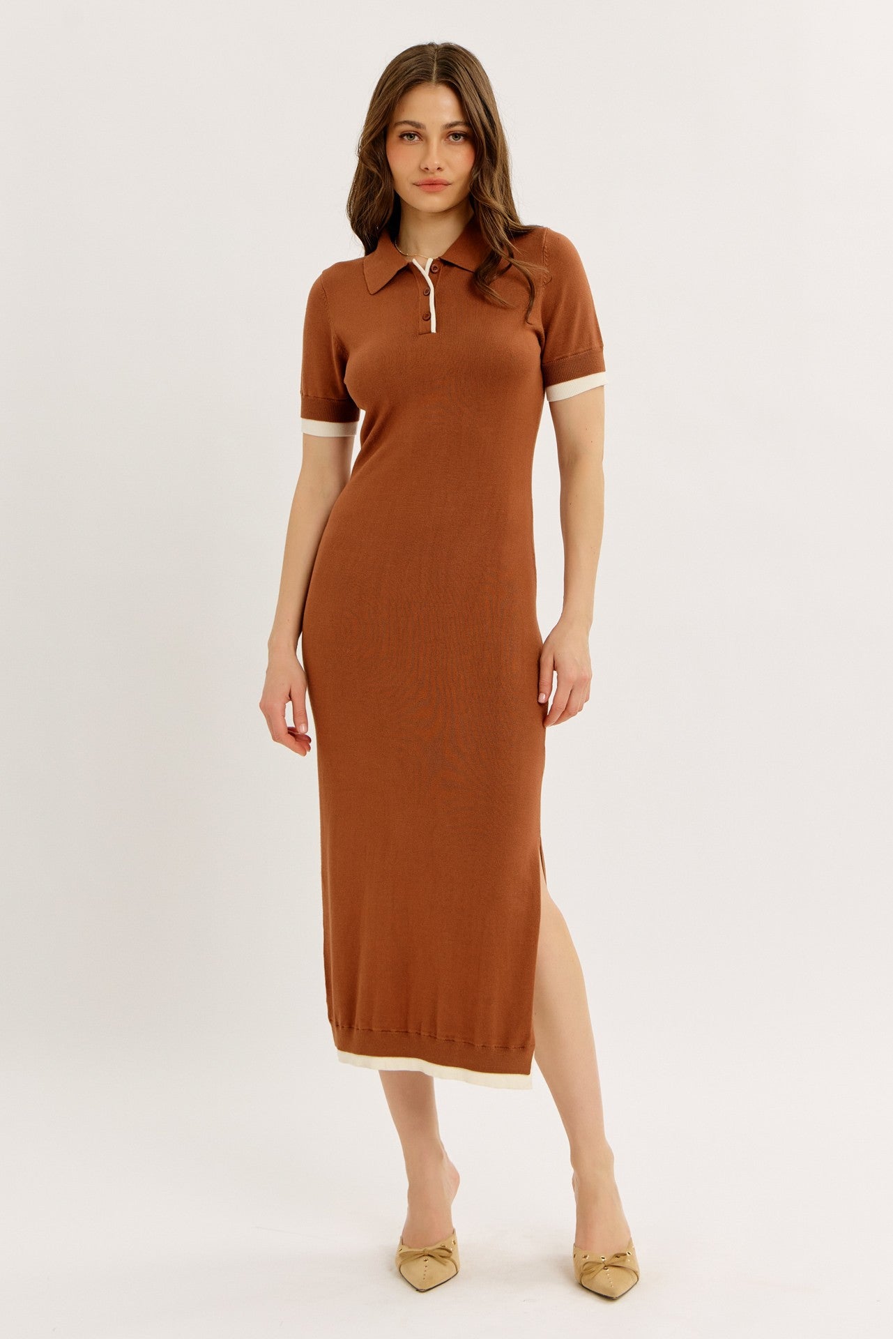 Camel Sweater Side Slit Maternity Midi Dress
