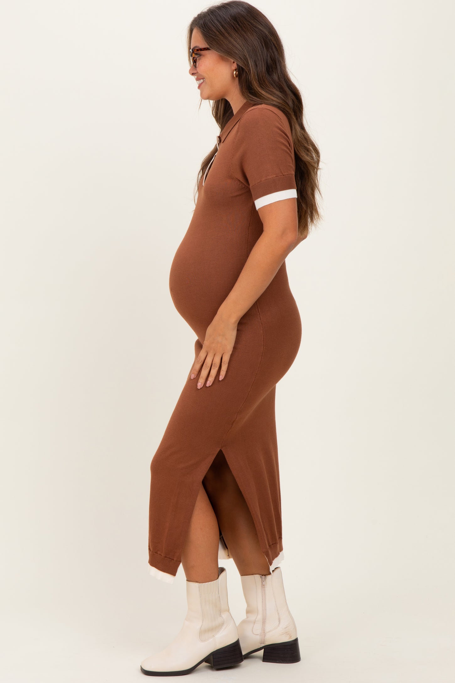 Camel Sweater Side Slit Maternity Midi Dress