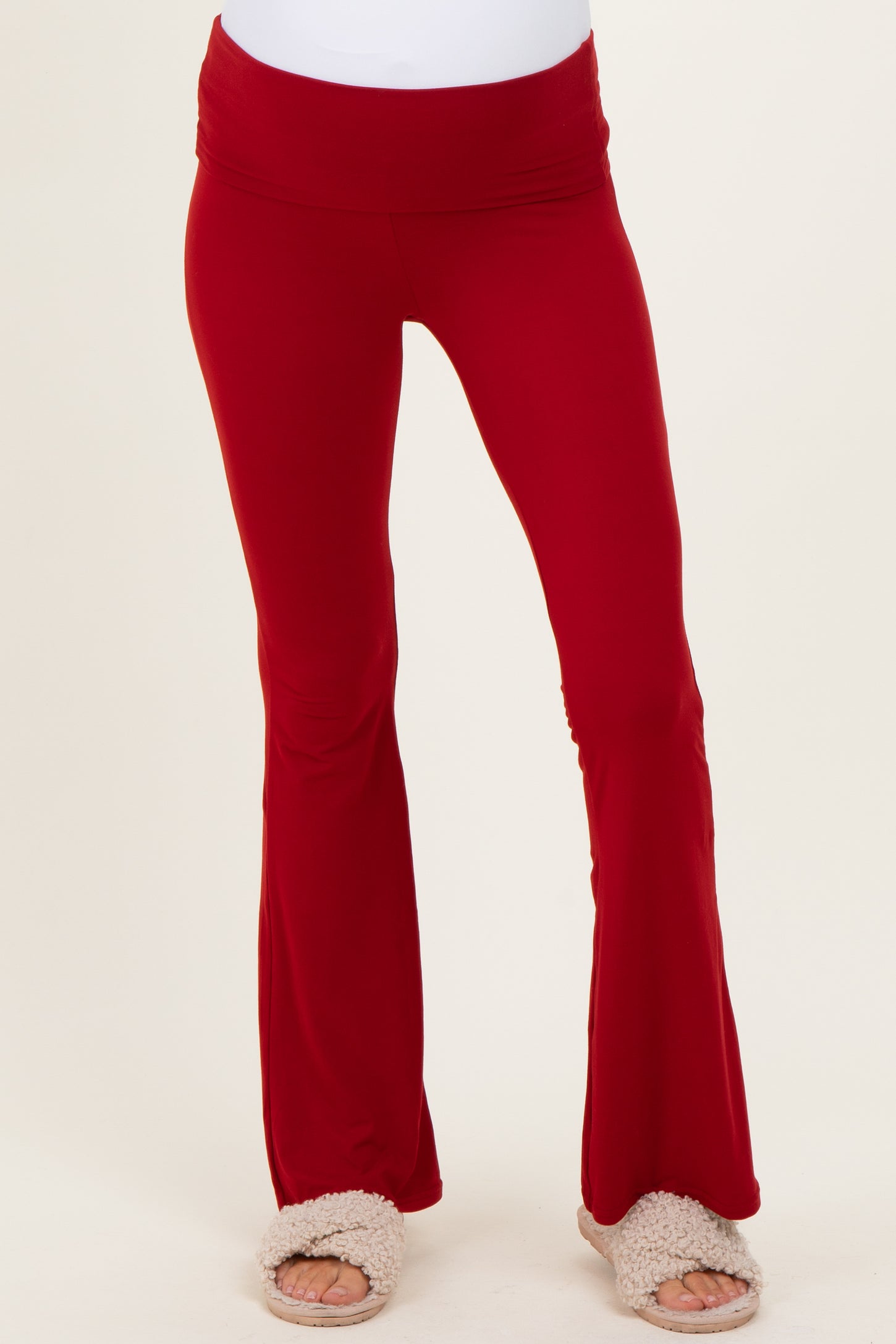 Red Fold Over Waistband Maternity Flared Pants
