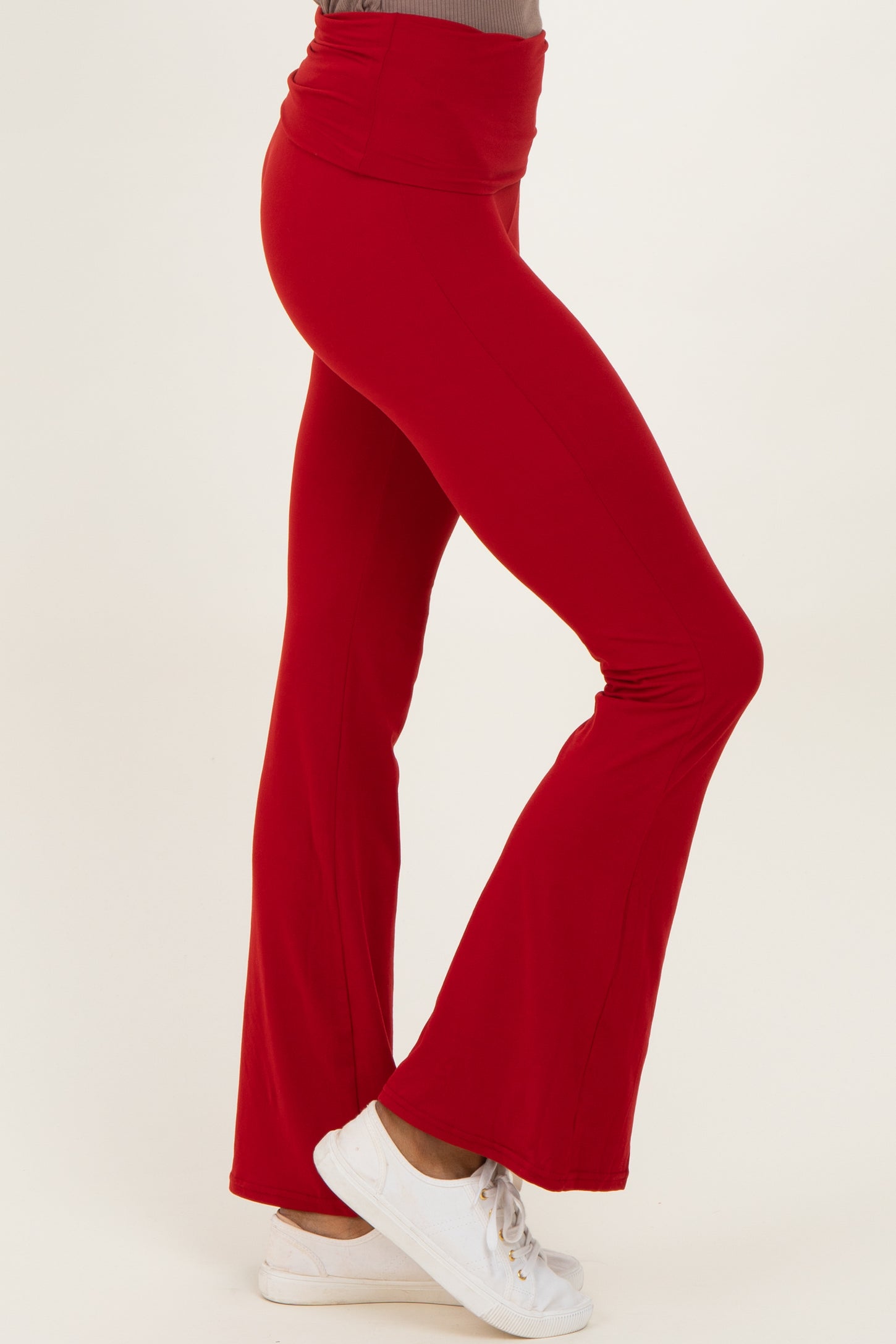 Red Fold Over Waistband Flared Pants