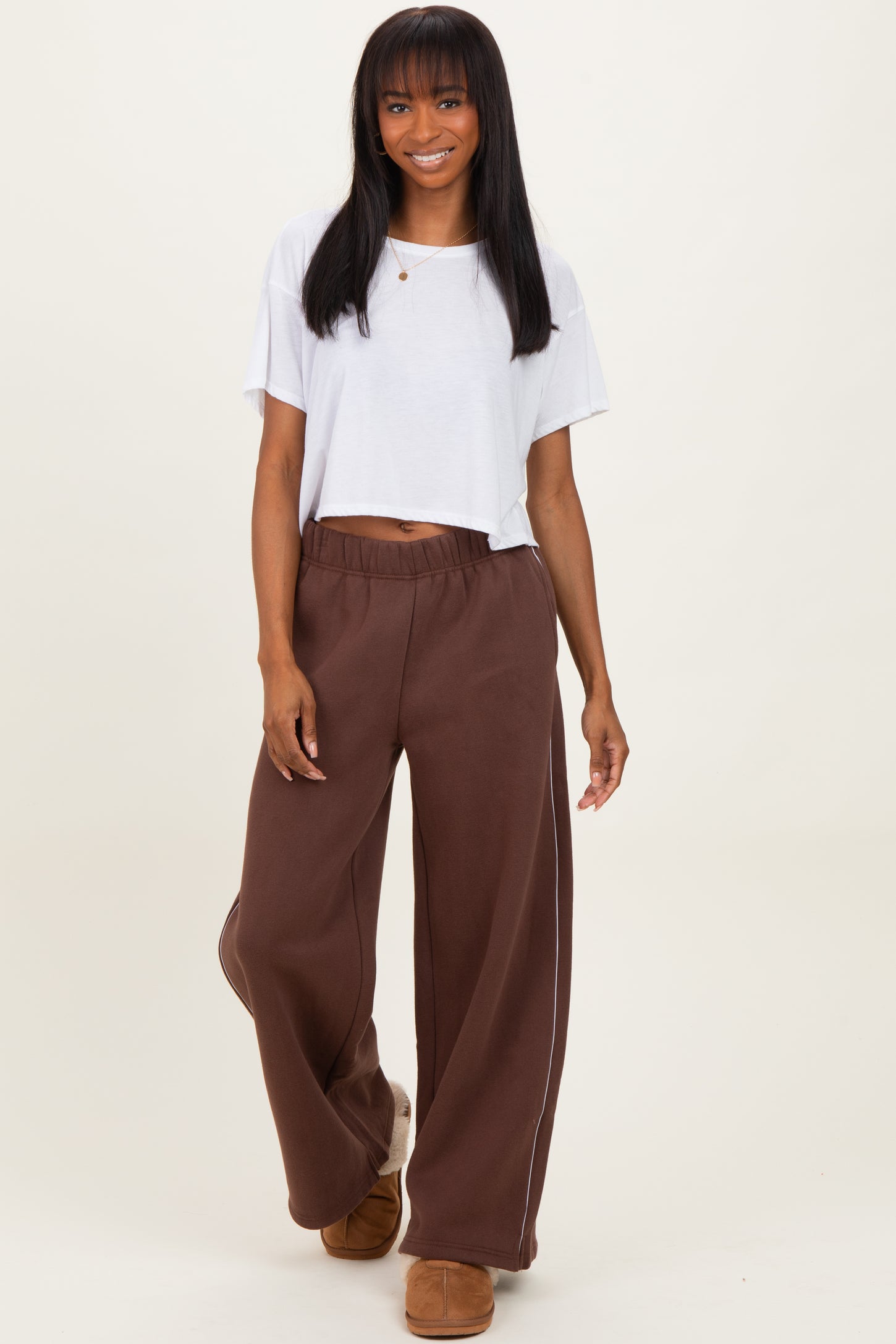 Brown Fleece Wide Leg Sweatpants