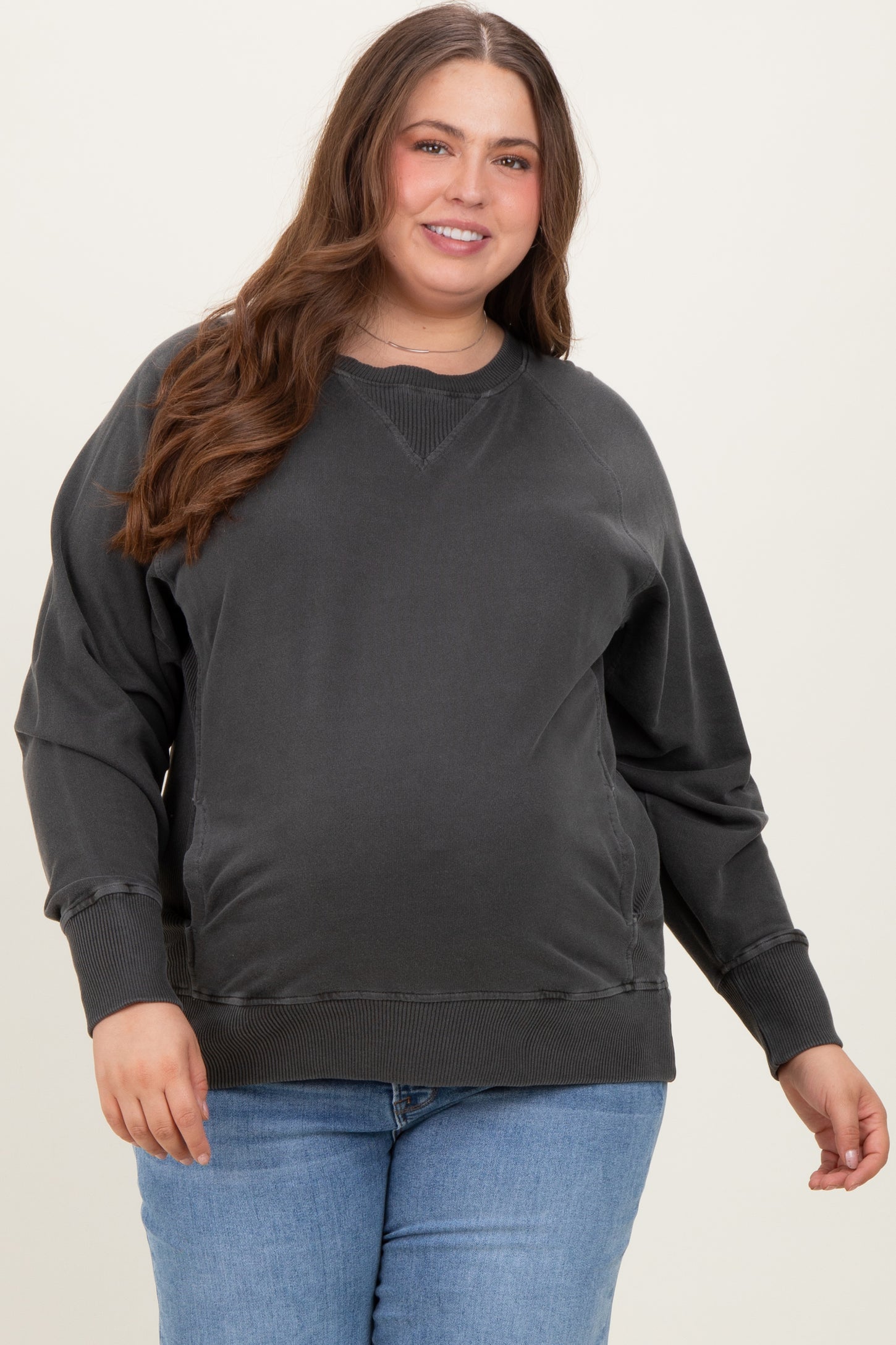 Charcoal Vintage Wash French Terry Maternity Plus Pullover