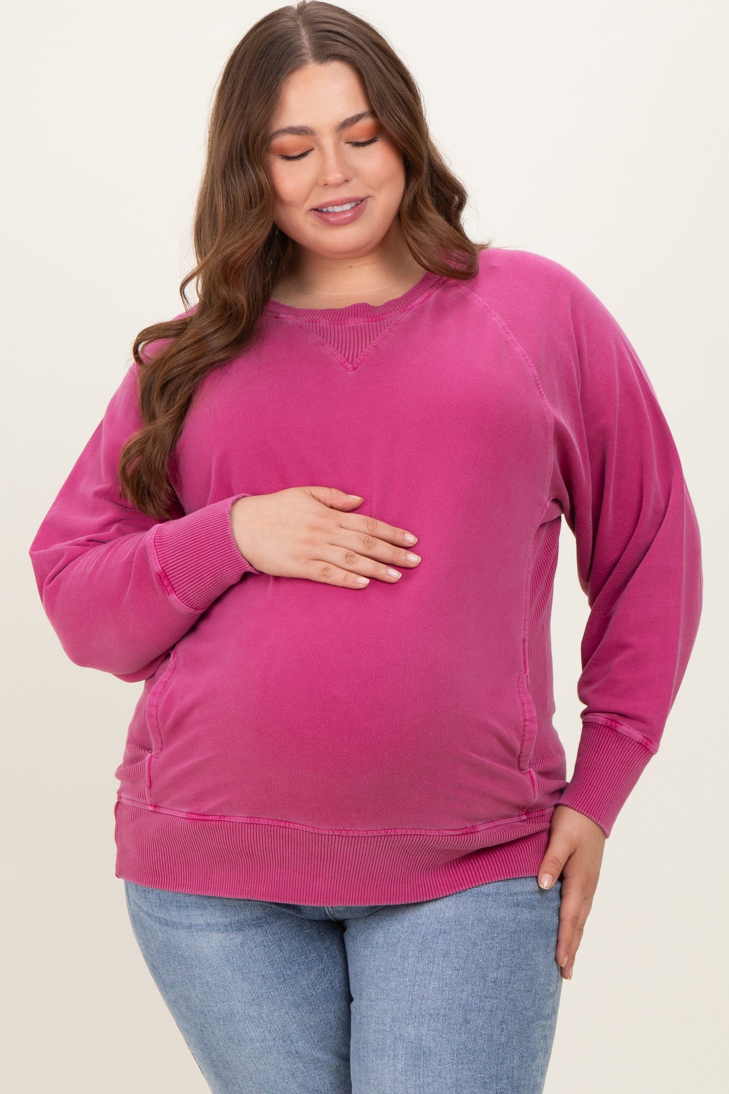 Fuchsia Vintage Wash French Terry Maternity Plus Pullover