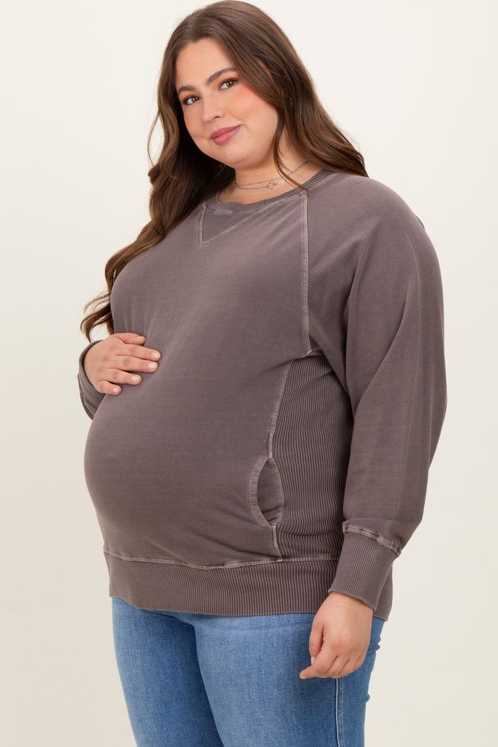 Brown Vintage Wash French Terry Maternity Plus Pullover
