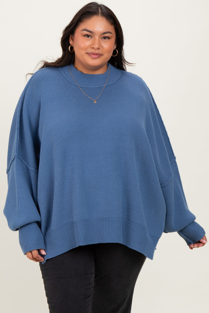 Blue Mock Neck Exposed Seam Maternity Sweater