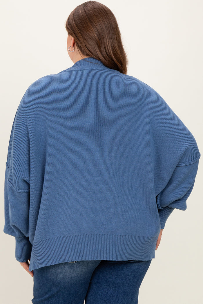 Blue Mock Neck Exposed Seam Maternity Sweater