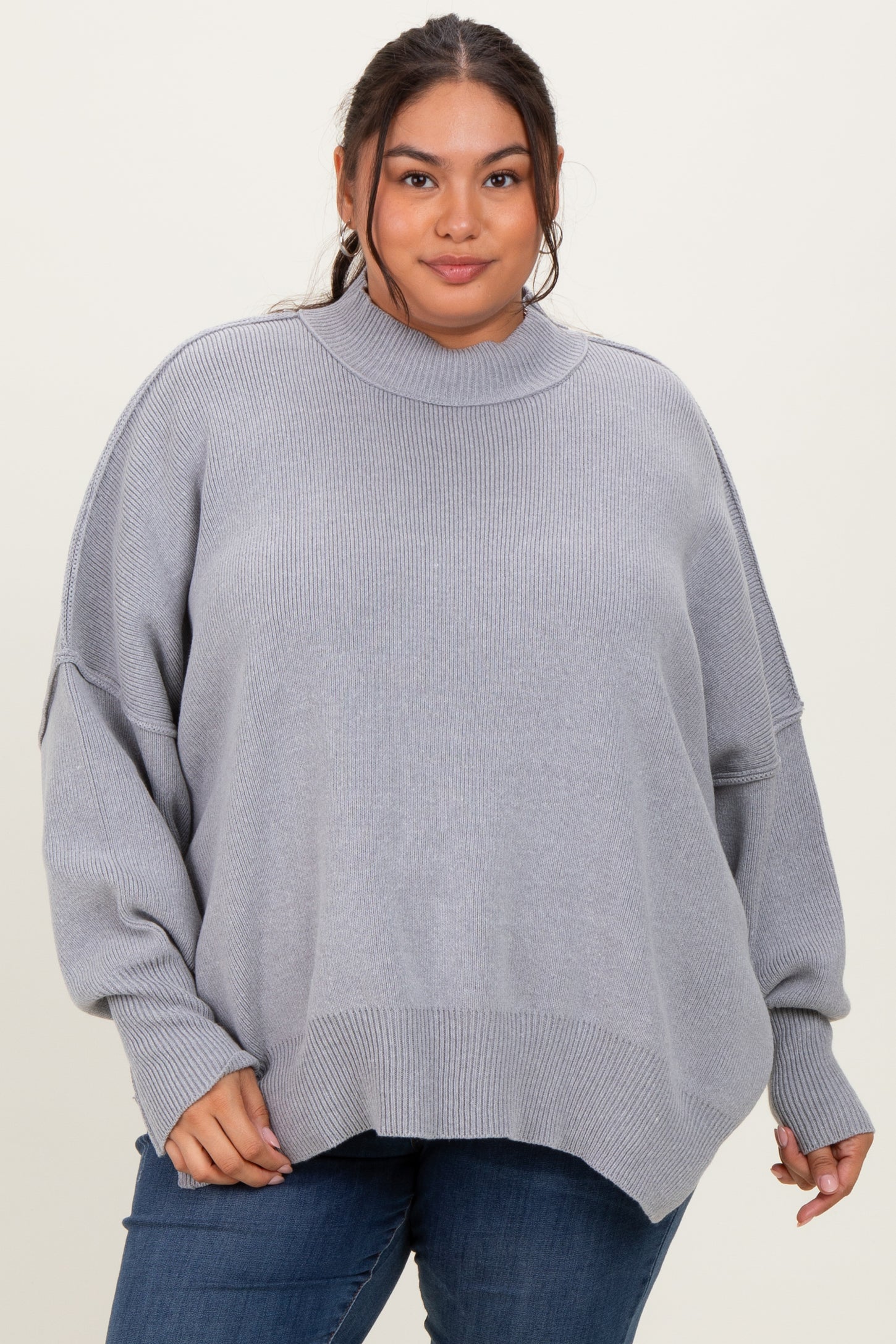 Heather Grey Mock Neck Exposed Seam Maternity Sweater