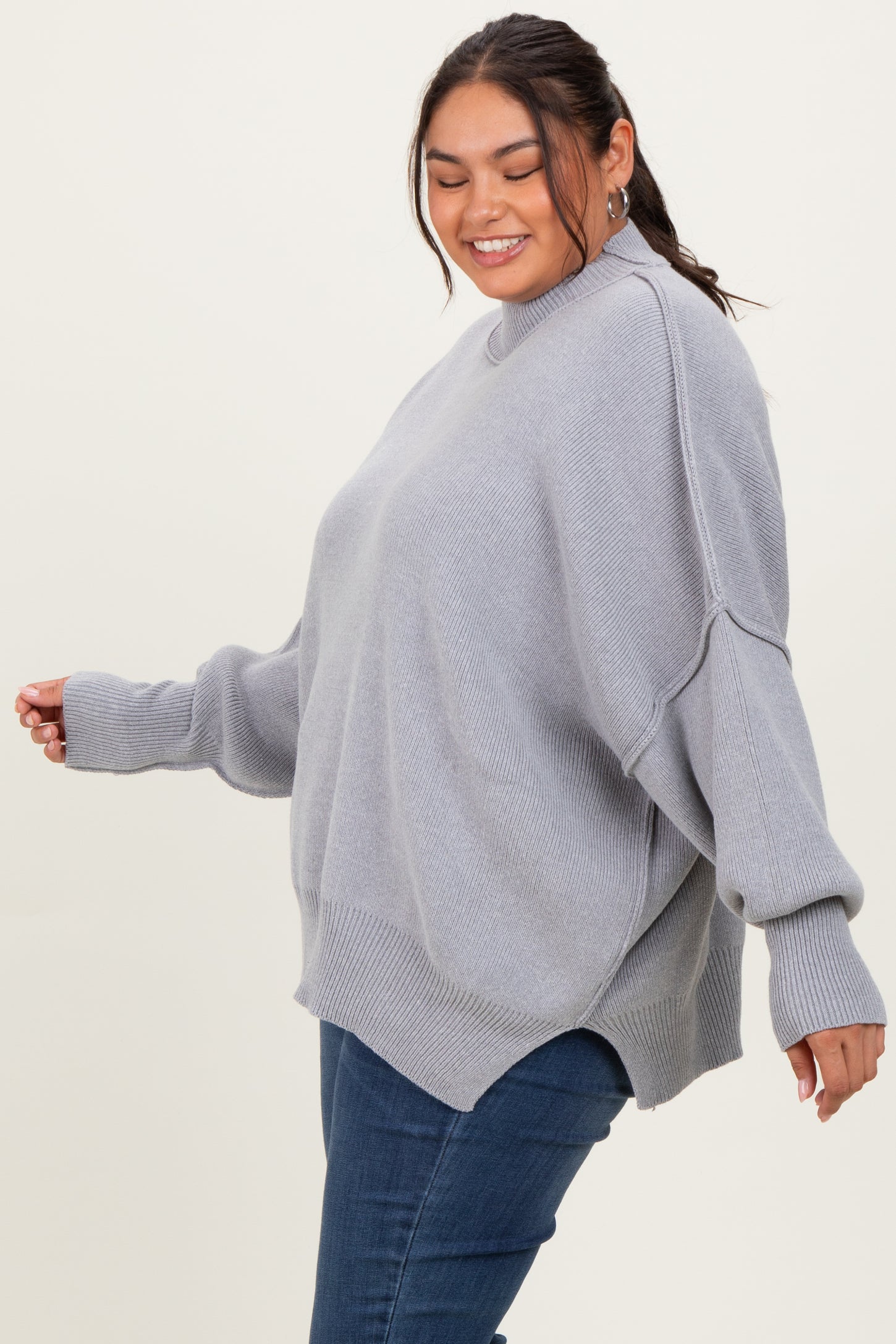 Heather Grey Mock Neck Exposed Seam Sweater