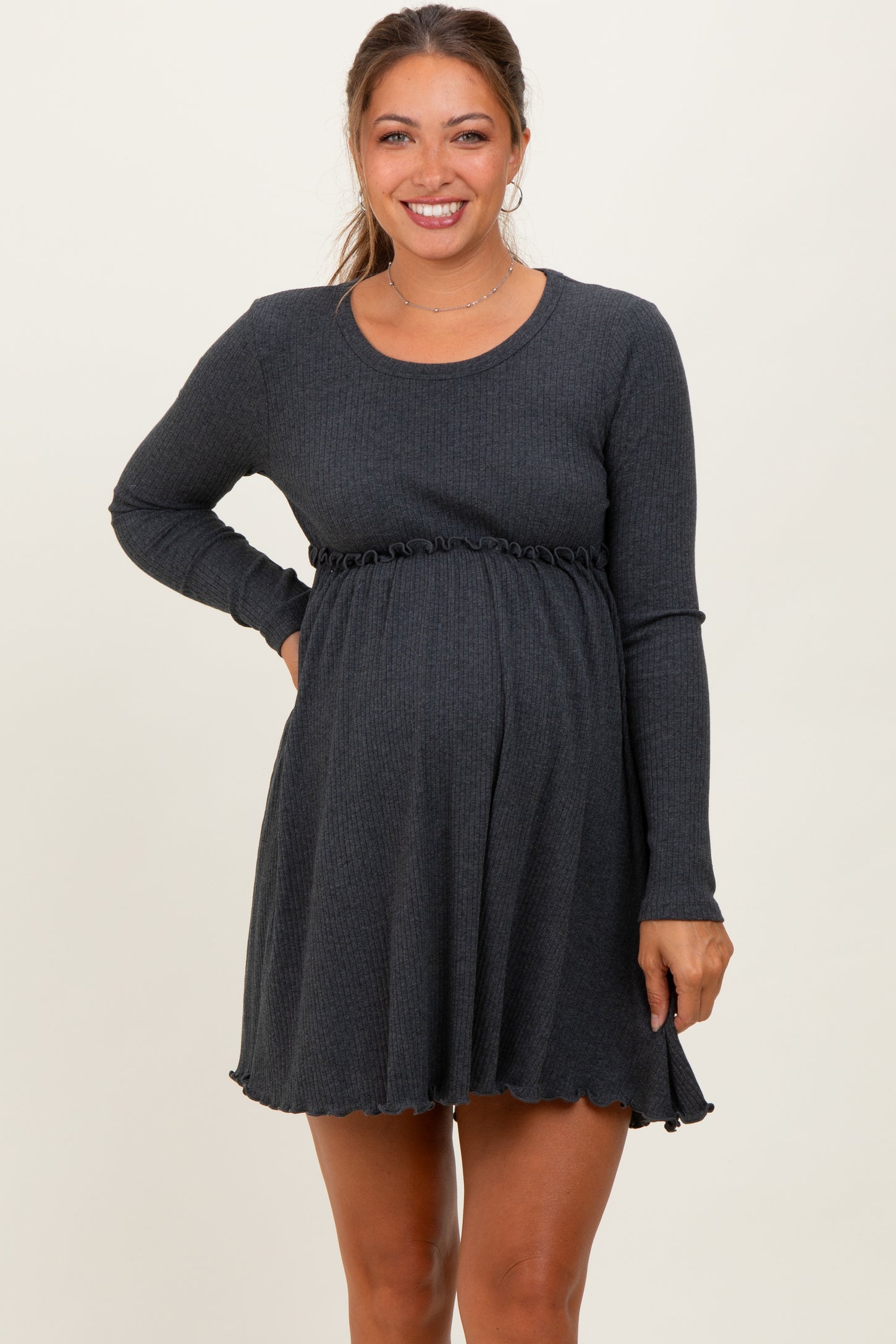 Charcoal Solid Ribbed Long Sleeve Crewneck Shirring Maternity Mini Dress