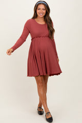 Rust Solid Ribbed Long Sleeve Crewneck Shirring Maternity Mini Dress