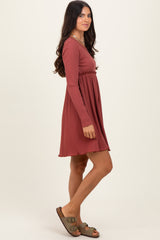 Rust Solid Ribbed Long Sleeve Crewneck Shirring Mini Dress