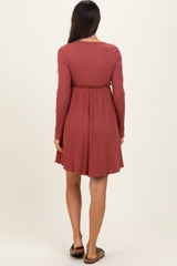 Rust Solid Ribbed Long Sleeve Crewneck Shirring Mini Dress
