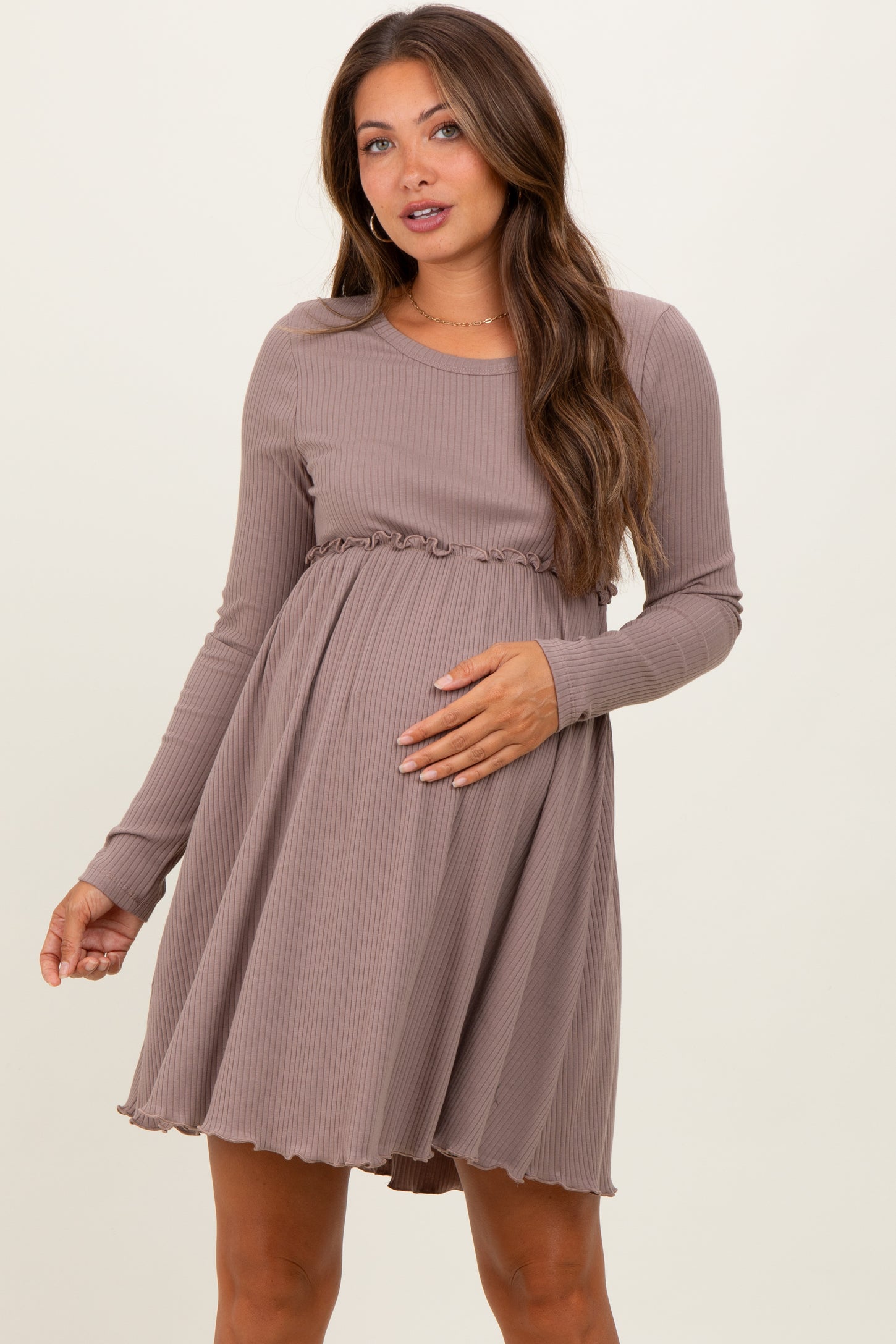 Mocha Solid Ribbed Long Sleeve Crewneck Shirring Maternity Mini Dress