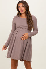 Mocha Solid Ribbed Long Sleeve Crewneck Shirring Maternity Mini Dress