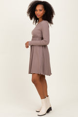 Mocha Solid Ribbed Long Sleeve Crewneck Shirring Mini Dress