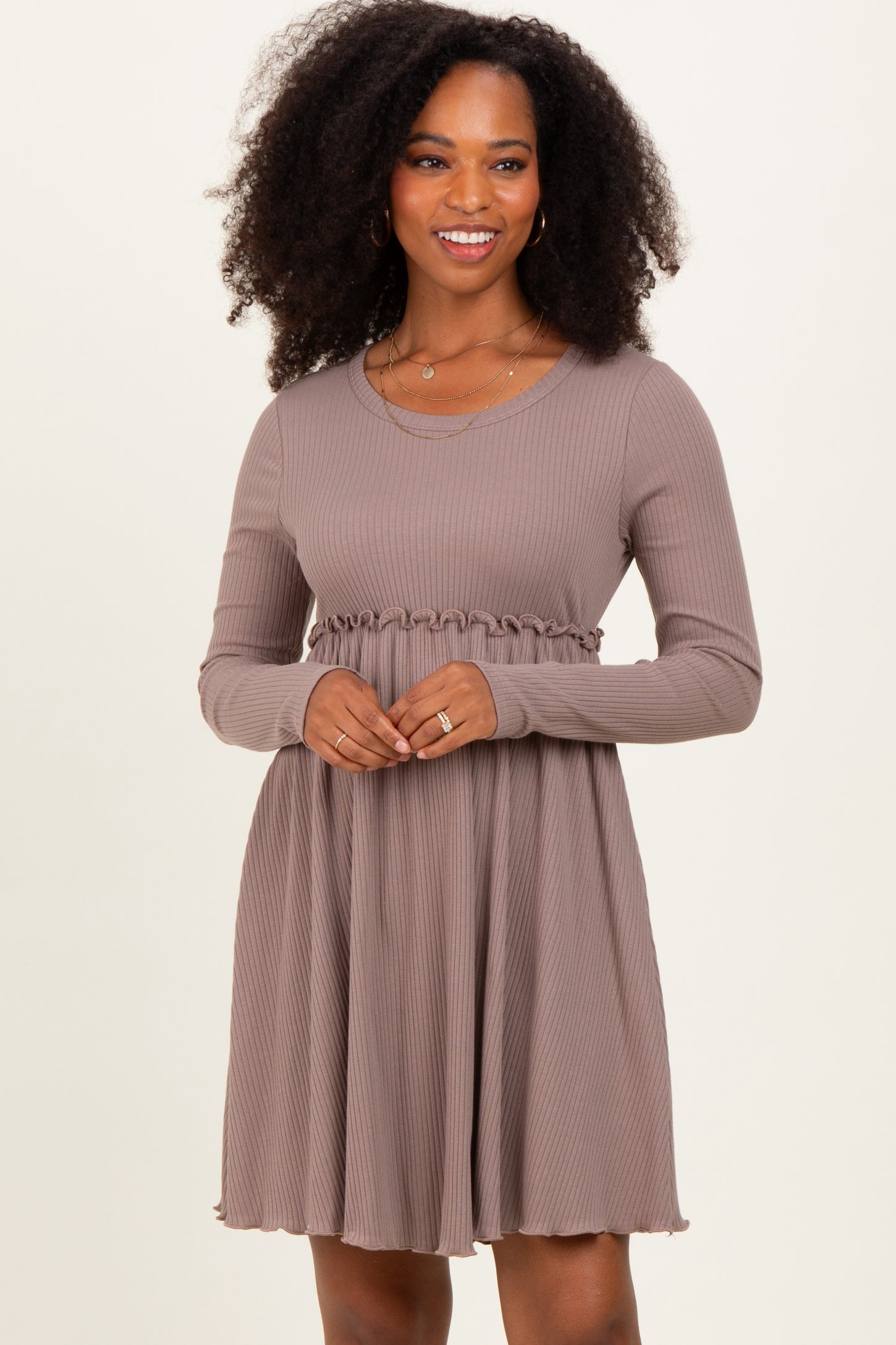 Mocha Solid Ribbed Long Sleeve Crewneck Shirring Maternity Mini Dress